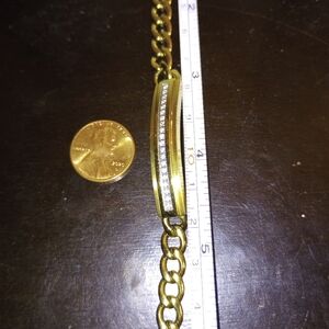 GOLD ID-BRACELET,  W/  DIAMOND-BAR - 8.25" L -  JEWELERS QUALITY STAINLESS STEEL